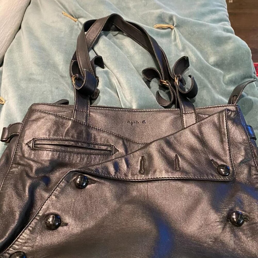 Agnes b. Vintage Black Leather Tote Bag with Button Details
